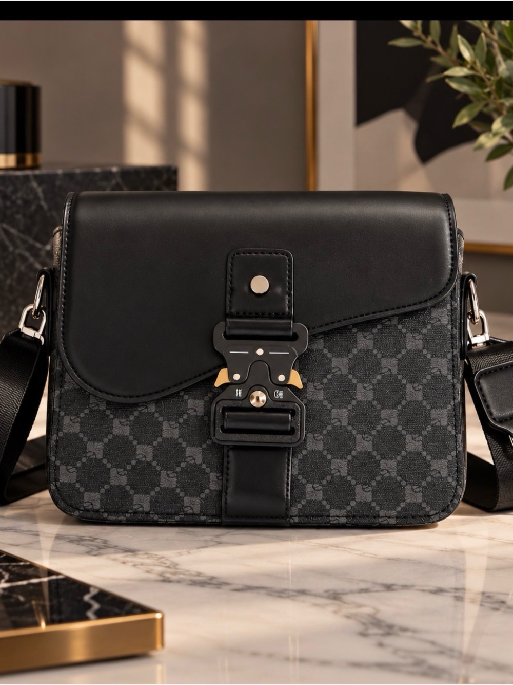 Black Unisex Crossbody Messenger Bag – Adjustable Strap – Modern Designer Style